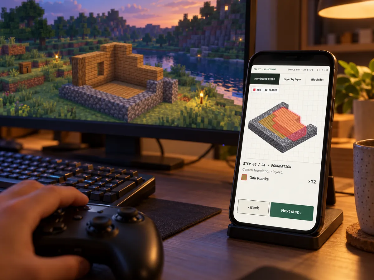 A phone standing next to a monitor, open on a BlockyAtlas step with the new blocks in red